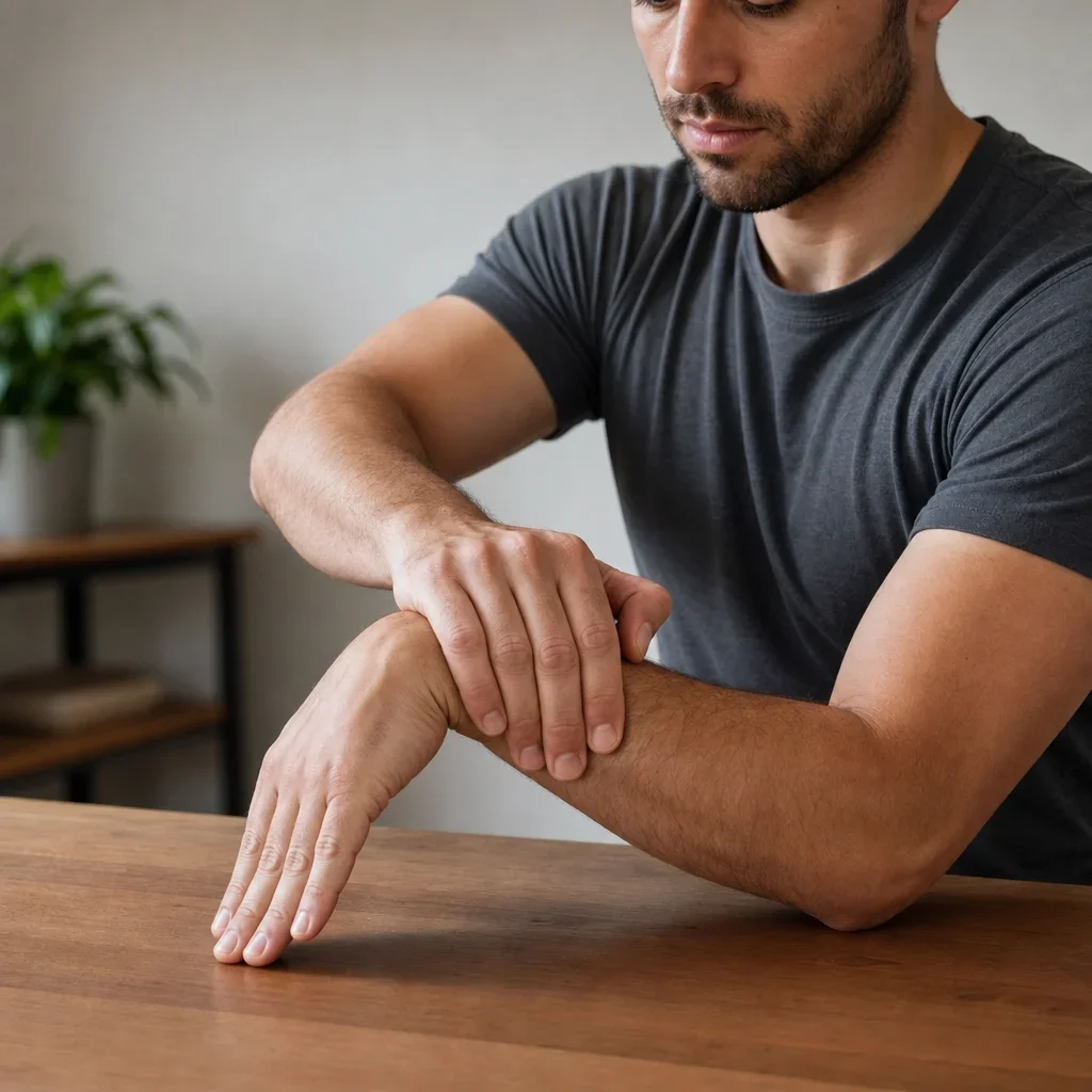 Person doing a supported isometric wrist extension hold for tennis elbow.