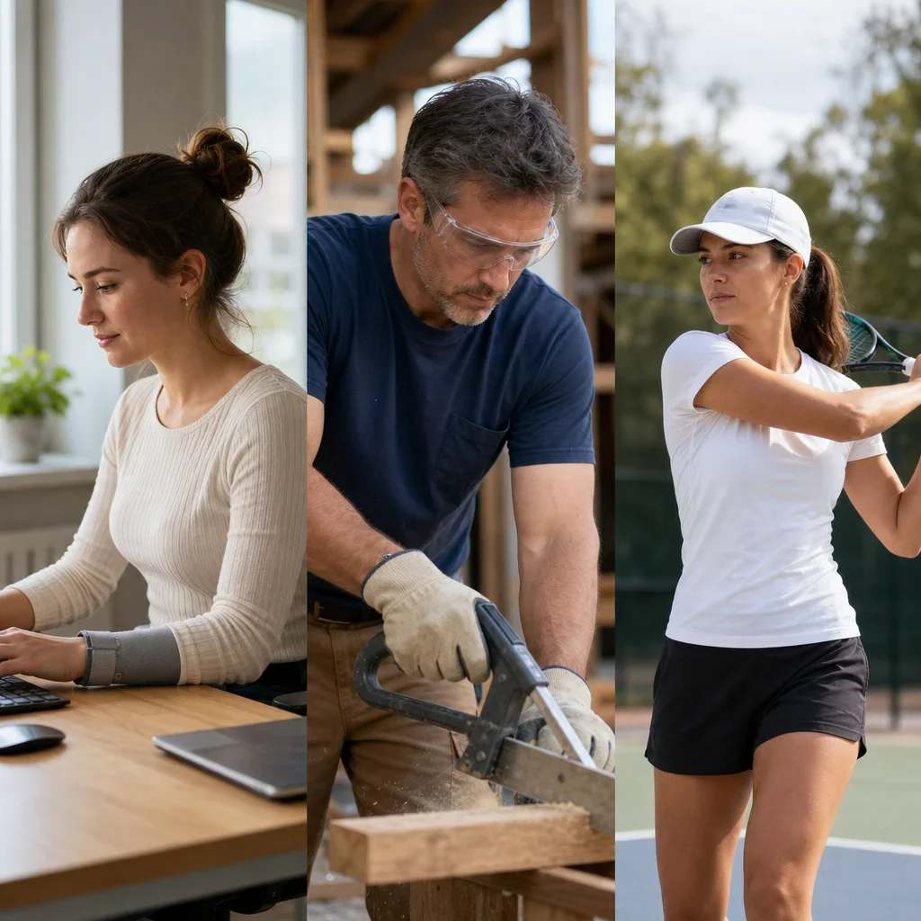 Examples of return-to-work and return-to-sport modifications for tennis elbow.