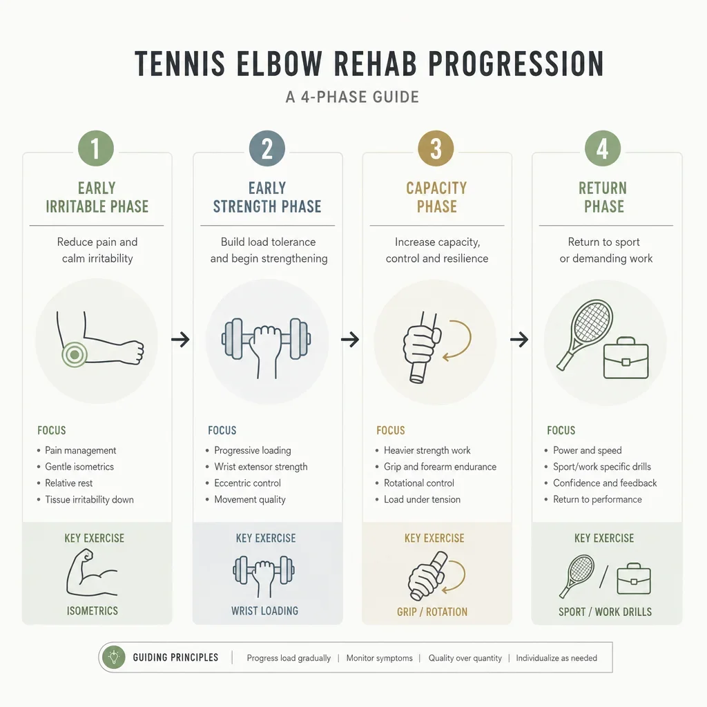 A simple four-phase progression diagram for tennis elbow rehab.