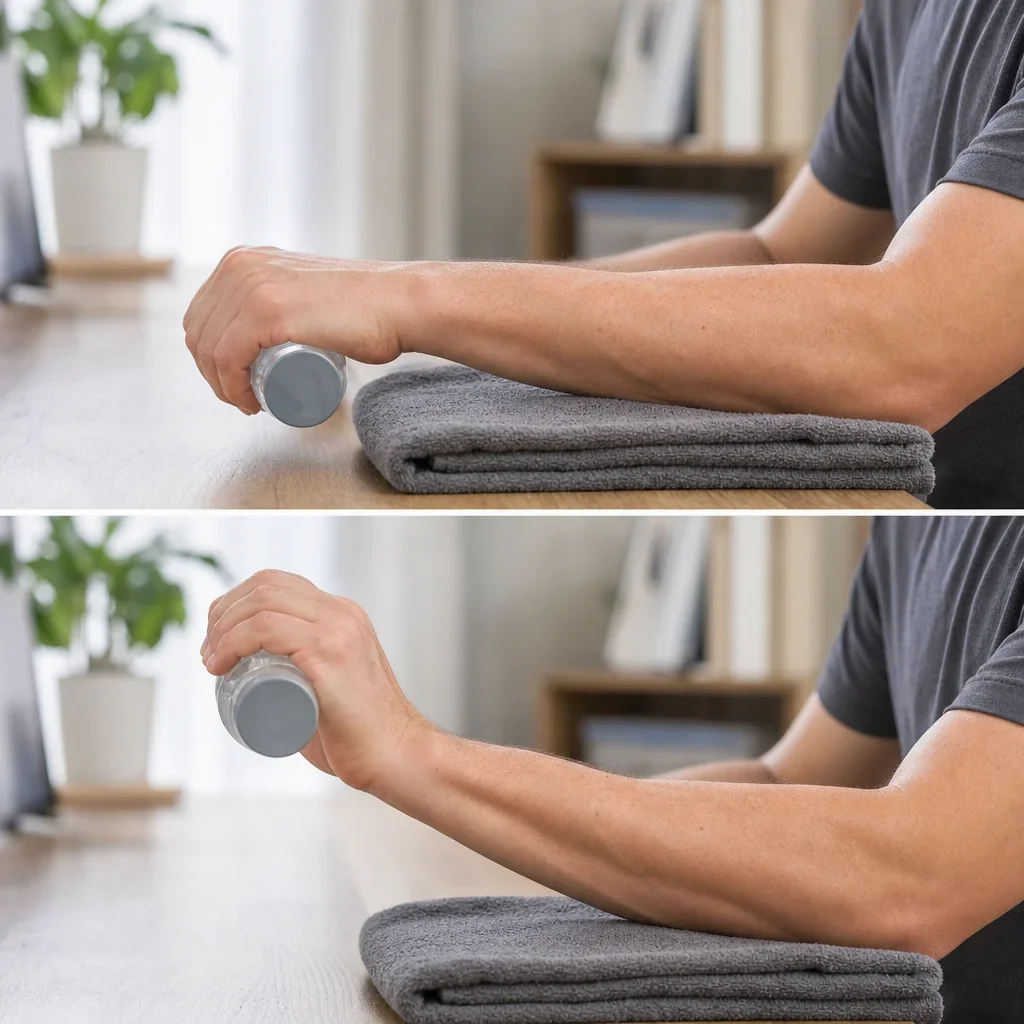 Person performing a wrist extension raise with a light weight for tennis elbow rehab.