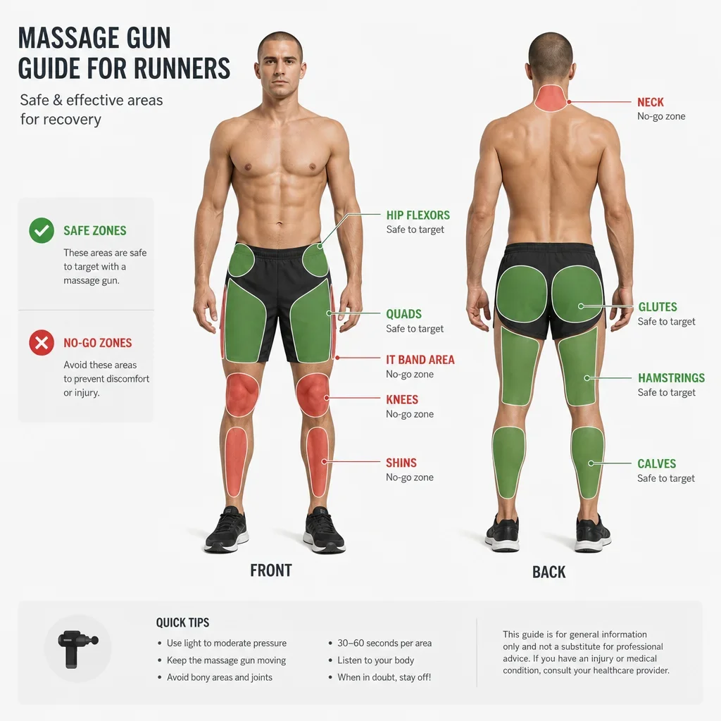 Educational diagram showing safe and unsafe massage gun areas for runners.