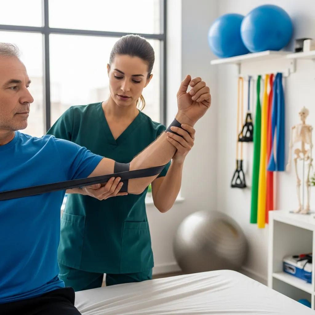 Therapist providing hands-on treatment to a patient during a physiotherapy appointment