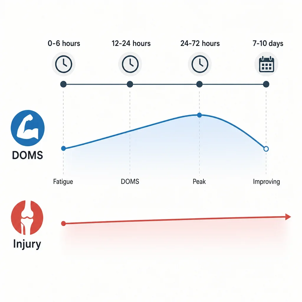 A timeline diagram comparing soreness, DOMS, and injury timing.