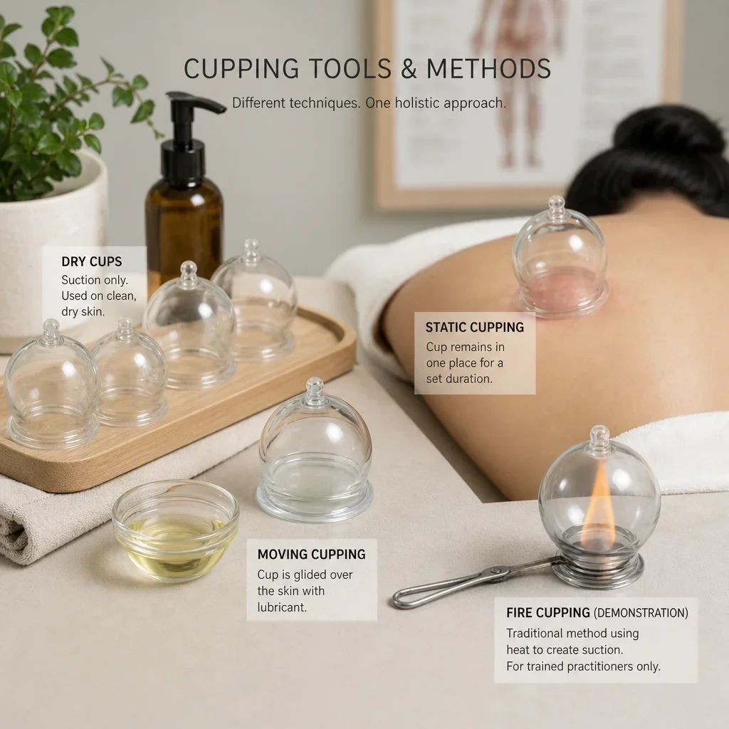 A clinical tabletop showing different cupping methods and tools.
