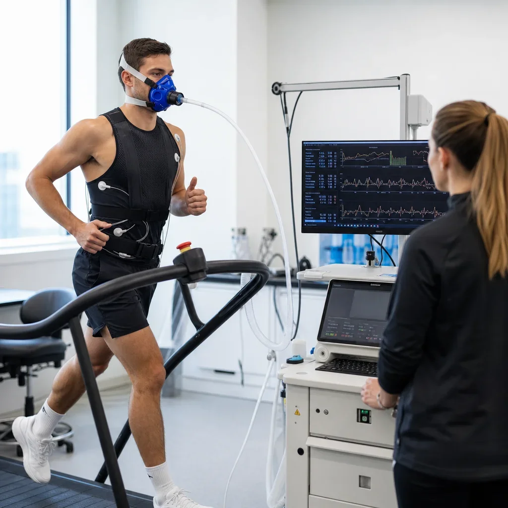 An athlete performing a VO2 max lab test on a treadmill with a breathing mask.