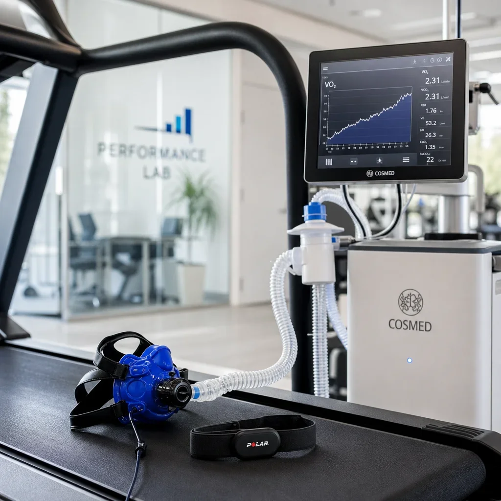 Professional VO2 max testing equipment including a breathing mask, heart rate monitor, and metabolic cart.