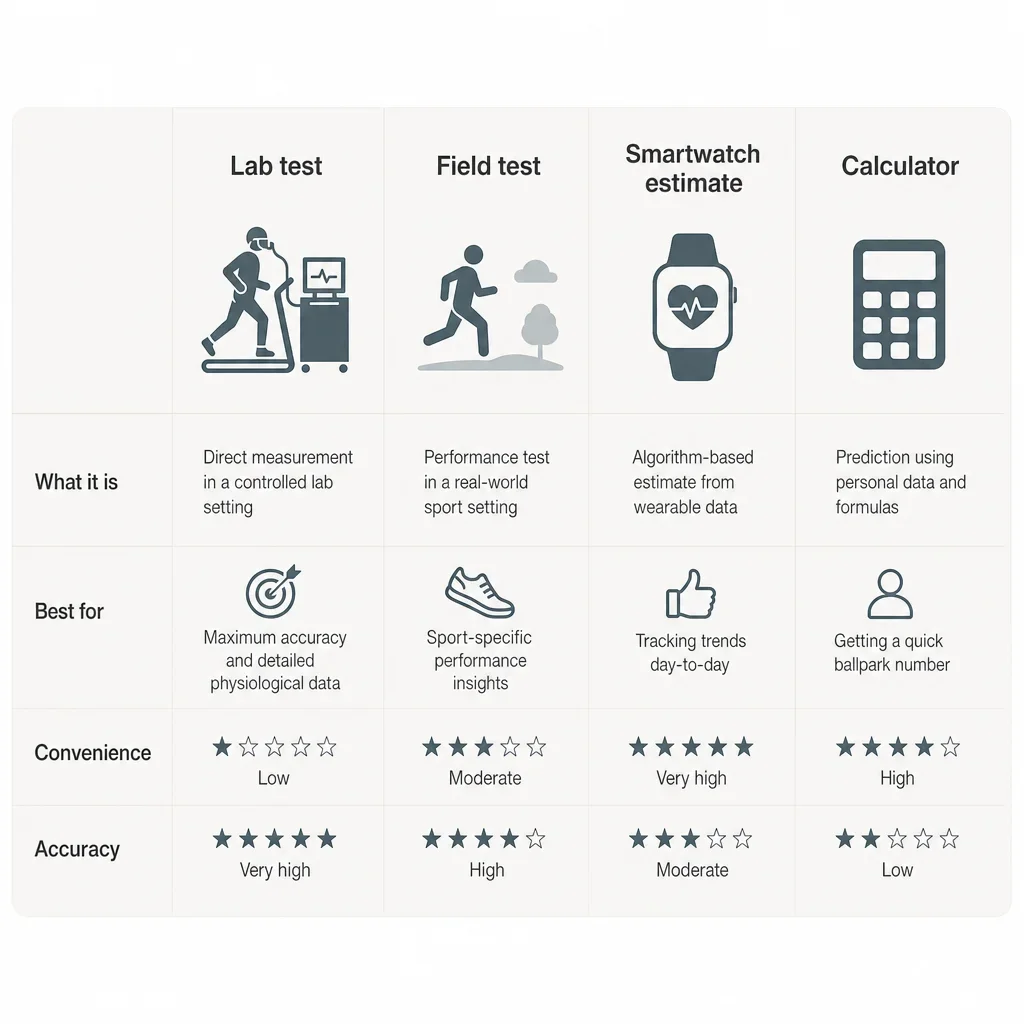 A comparison diagram of lab tests, field tests, smartwatch estimates, and VO2 max calculators.