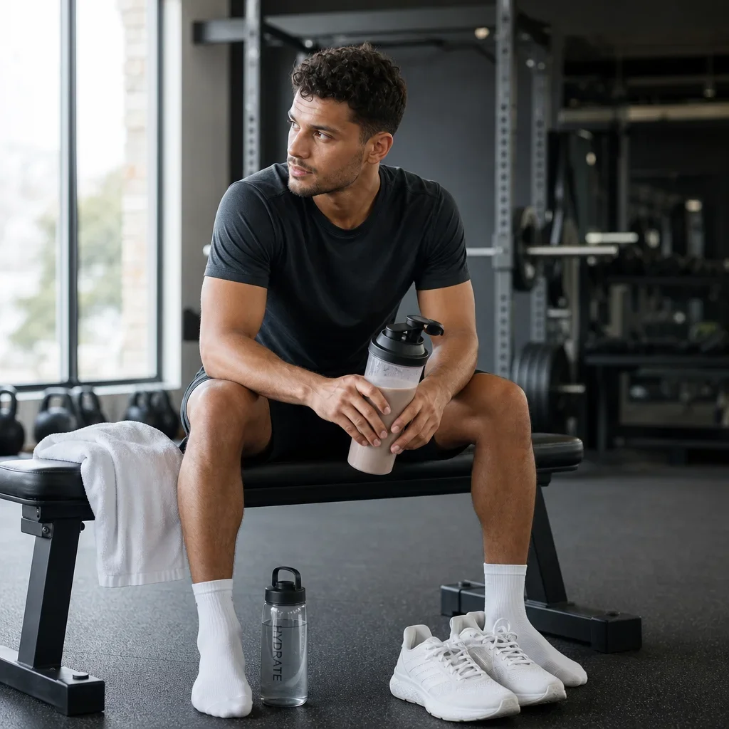 An athlete resting after training with a protein shake and gear nearby.