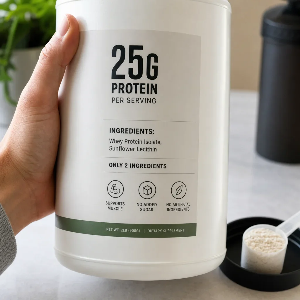 A close-up of a whey protein ingredient label being read.