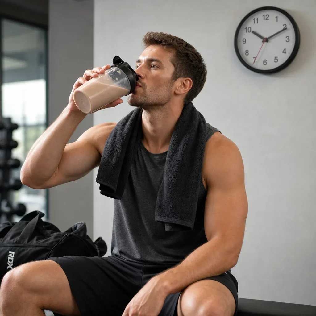 An athlete drinking whey protein after a workout with a clock nearby.