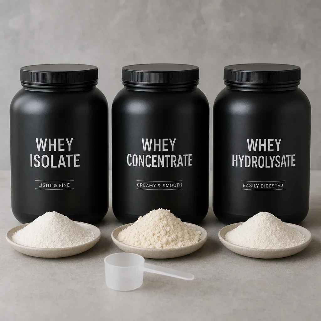 Three whey protein types arranged for comparison.