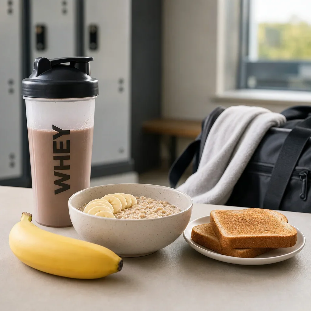 Whey protein paired with carbohydrate foods like banana, oats, and toast.